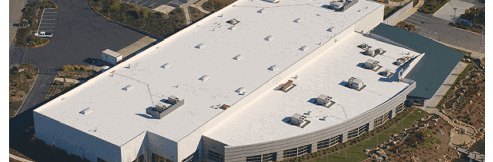 Aerial view of a white TPO roof, EPDM or TPO