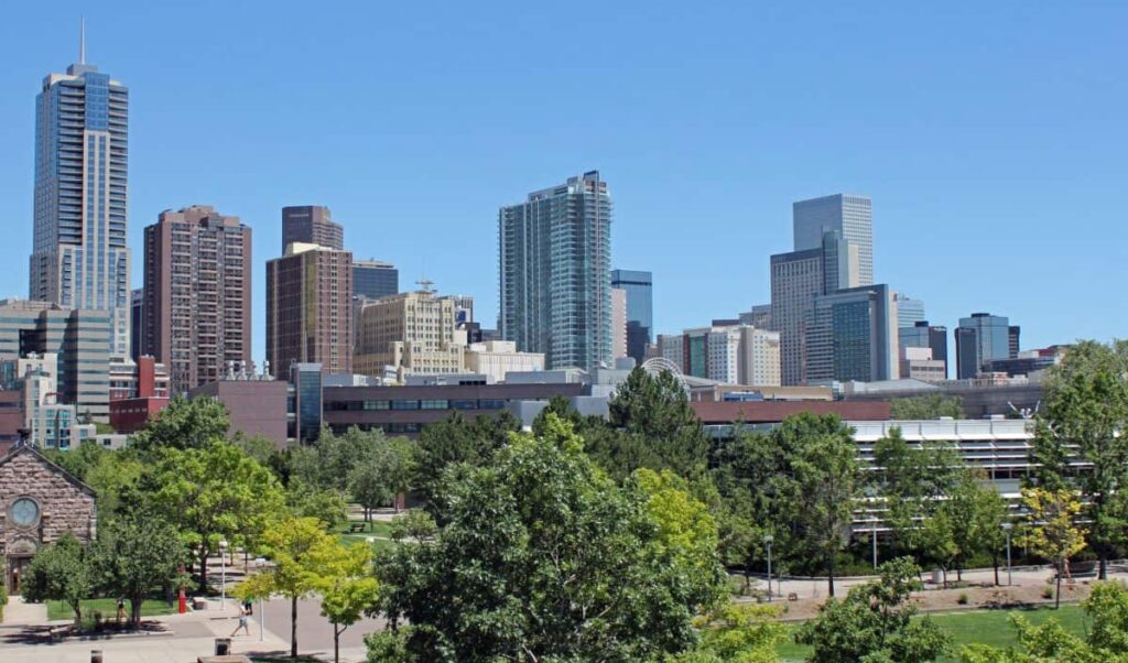 A view of the Denver skyline, history of Denver roofing contractors