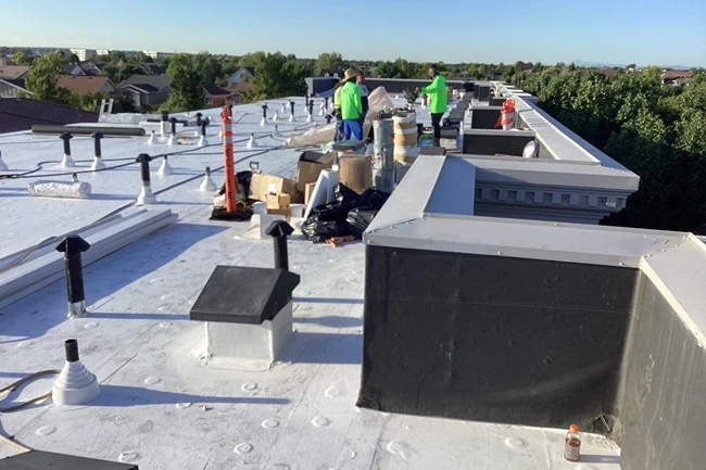 Team applying TPO commercial roofing coating on flat roof by Elite Roofing and Solar in Greater Denver