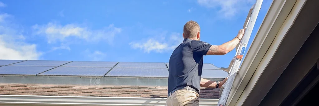 Technician performing solar roof maintenance by Elite Roofing & Solar in Denver