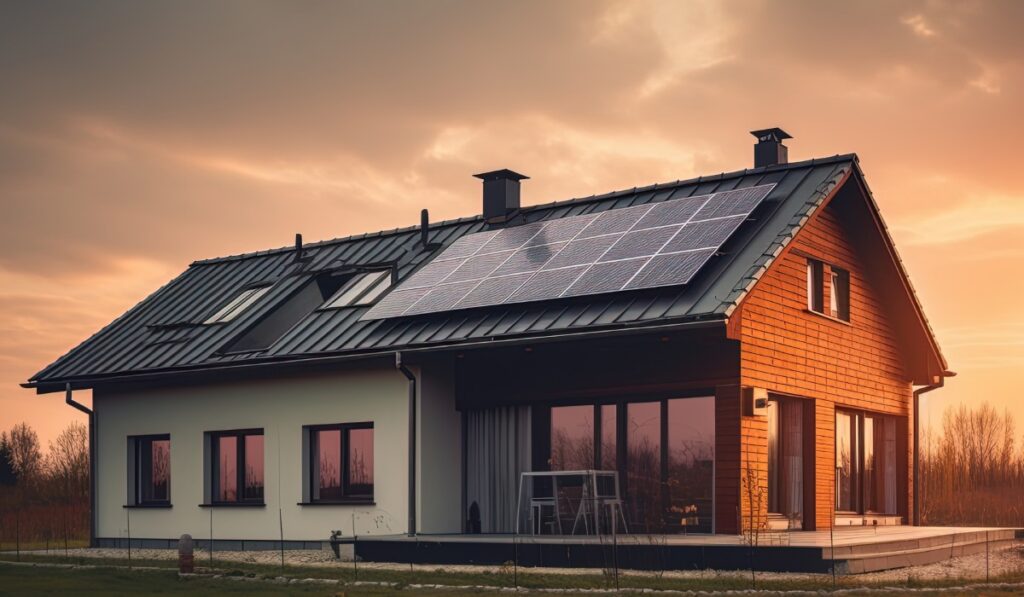 Modern home at dusk with rooftop solar panels, ideal for charging batteries and delivering whole home backup power Colorado by Elite Roofing & Solar in Colorado