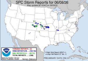 NOAA weather map report showing hail and wind reports across the country