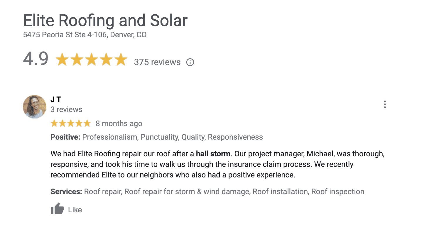 Elite Roofing and Solar testimonial from Google reviews