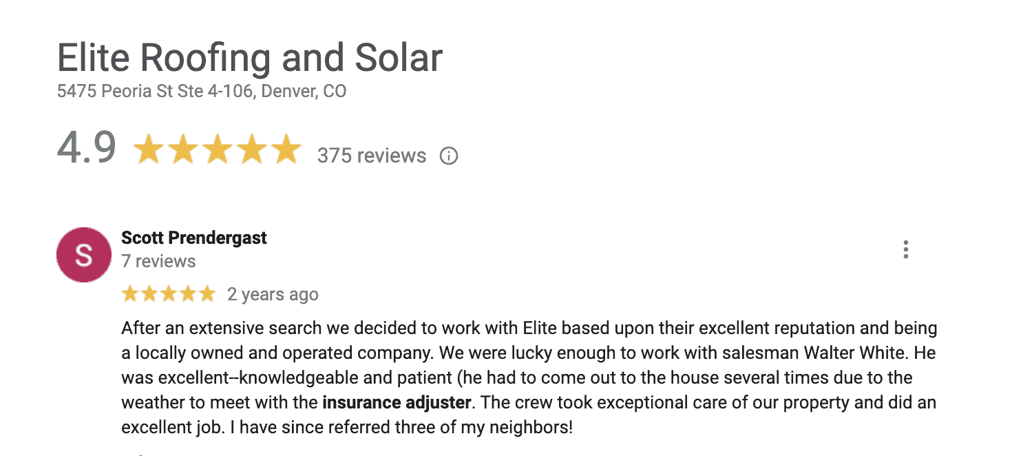 Elite Roofing and Solar testimonial from Google reviews